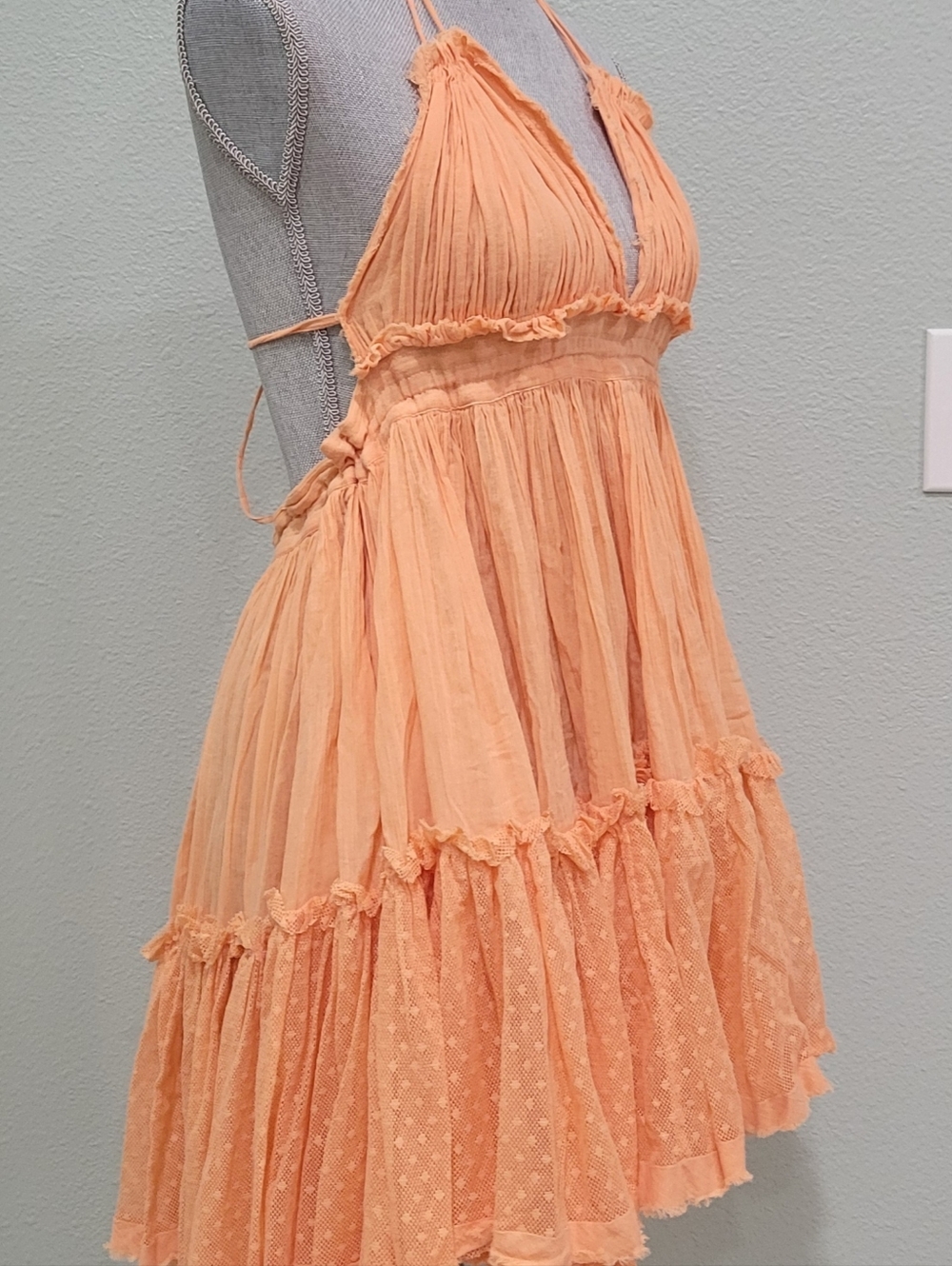 Free People Peach Tiered Cotton Gauze Mini Dress Self-Tie, Adj Waist - Picture 8 of 8